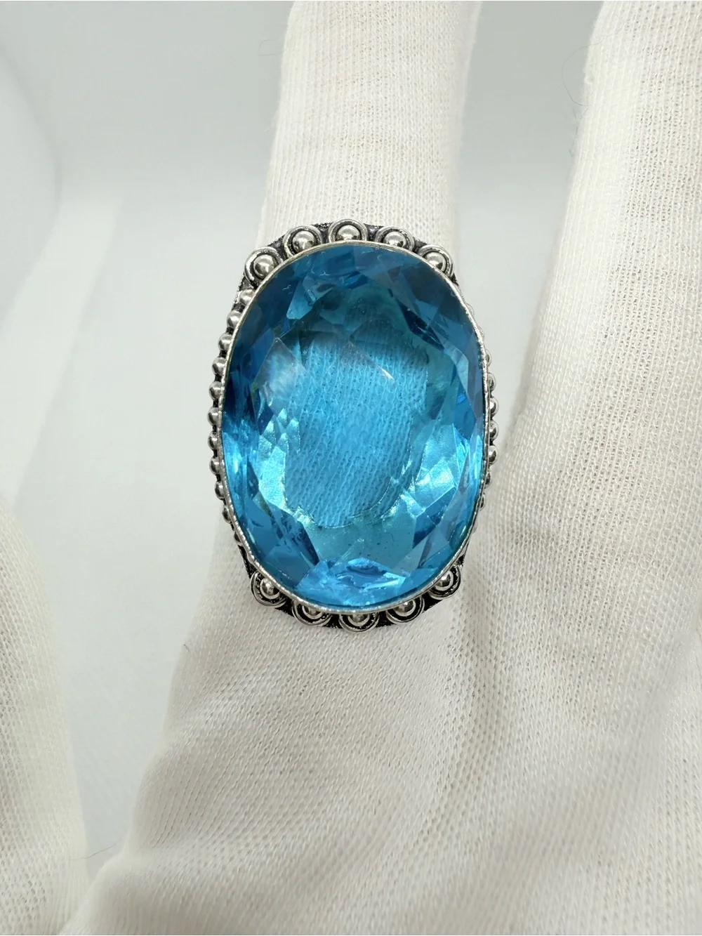 Blue Oval Topaz Crystal Statement Ring